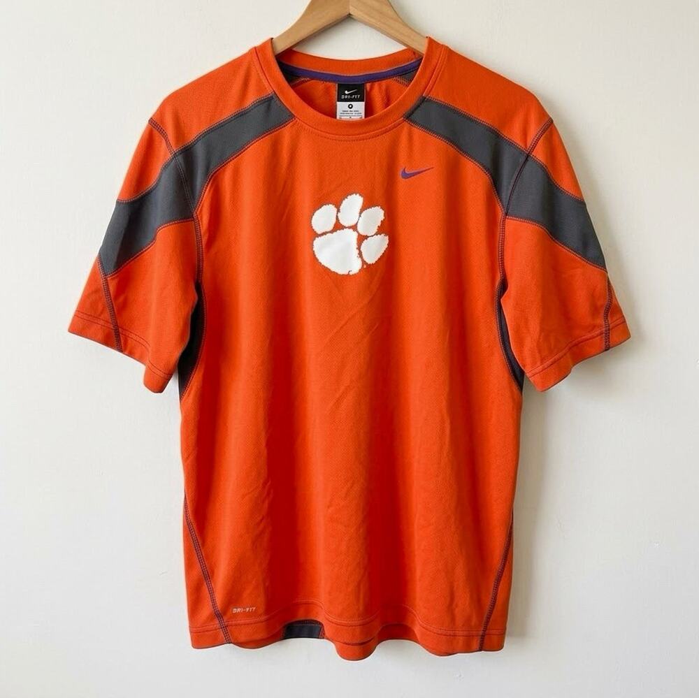 Vintage Nike Clemson Tigers Paw Logo Dri-FIT Shirt Mens Medium Orange Purple Y2K